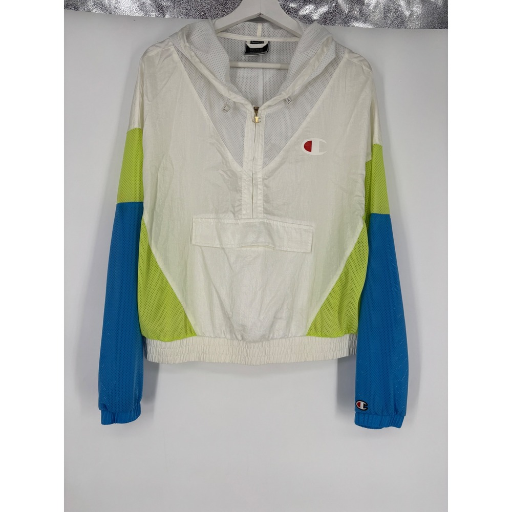 Champion Windbreaker Jacket Womens‎ L White Neon Colorblock Mesh Quarter Zip